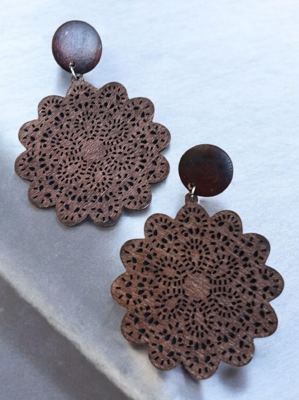 Wood Filigree Drop Earrings - Brown